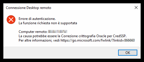 Oracle CredSSP: Errore di autenticazione Connessione Desktop Remoto