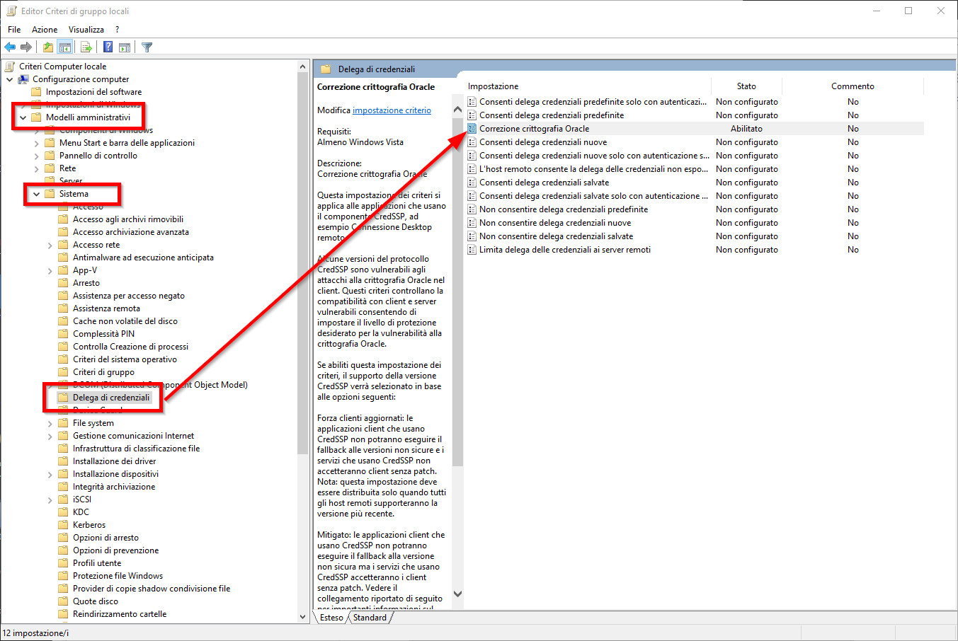 Correggere errore crittografia Oracle CredSSP