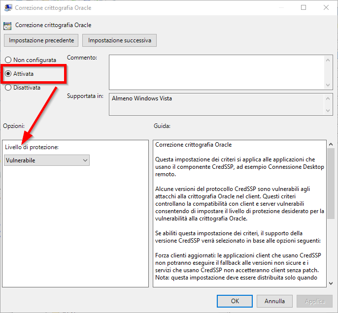 Correggere errore crittografia Oracle CredSSP